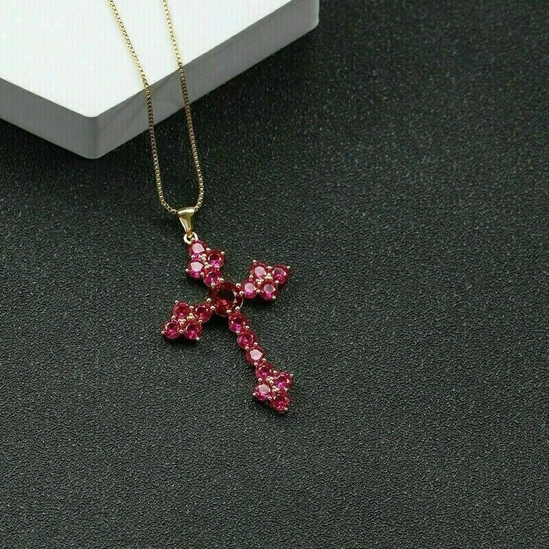 2 Ct Round Cut Red Ruby Cross Pendant Necklace 14K Yellow Gold Over Free Chain - Image 1 of 4