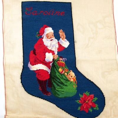 Vintage Needlepoint Petit Point Canvas Christmas Stocking Front Santa Toys Old - Image 1 of 4