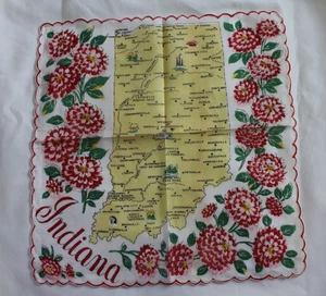 Vintage Handkerchief INDIANA State Design With Peonies - Picture 1 of 4