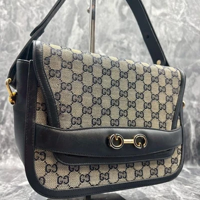 GUCCI GG Shoulder Bag Logo Navy Beige Canvas Leather Gold Hardware from Japan - Image 1 of 4
