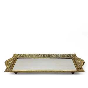 Bandeja de tocador de perfume larga rectangular espejada con pergamino floral de metal dorado vintage - Imagen 1 de 17