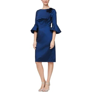 Alex Evenings Women's 14 Navy Sheath Dress Floral Applique Bell Sleeve OS2-16 - Picture 1 of 10