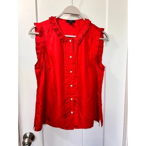 J. Crew 100% Silk Sleeveless Ruffle Button Front Blouse Top Spring Red Size 12 - Picture 1 of 9