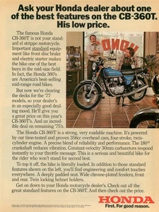 Magazine Print Ad HONDA 1976 CB-360T Honda Dealer Showroom CB360T - Picture 1 of 1