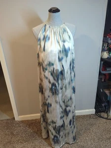 H&M blau-weißes bodenlanges Satin-Trägerkleid Damen Gr. L gefüttert - Bild 1 von 9