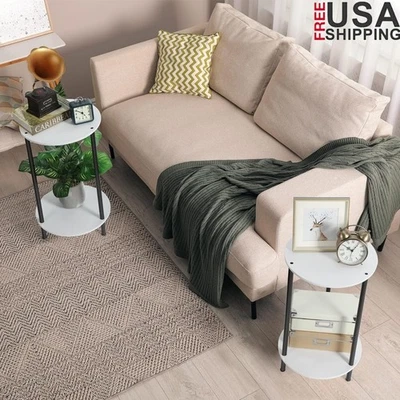 Juego de 2 Mesitas de Noche Redondas con Marco de Metal de Bambú Almacenamiento Multifunción Foto 1 de 4