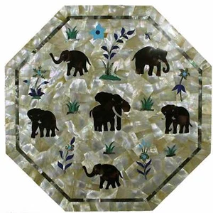 18" White Marble Table Top center Coffee Inlay pietra dura elephant wall decor - Picture 1 of 3
