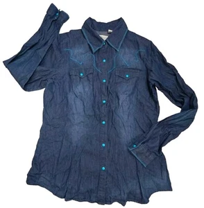 Women's Roper Chambray Turquoise Blue Button Down Pearl Snap Western Shirt Sz L - Picture 1 of 11