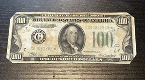 1934 US $100 FEDERAL RESERVE STAR NOTE. MISSING ALL CORNERS AND HAS STAINING. - Picture 1 of 2