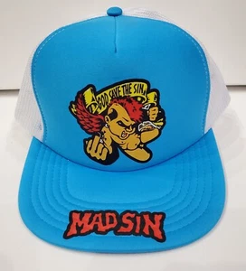Psychobilly Rockabilly County 50s 60s God Save D Sin Neon Blue Trucker Adjust - Picture 1 of 2