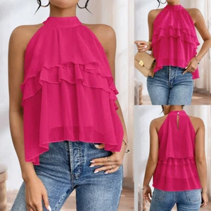 Women Halter Neck Sleeveless Chiffon Ruffle Tops Ladies Beach Vest Tank Tee Tops - Picture 1 of 21