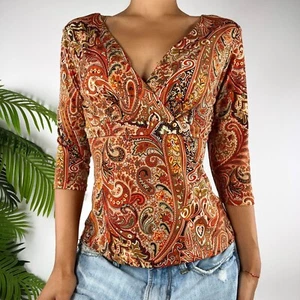 Women's Orange Paisley Floral Boho 70s Style Fairy Grunge Hippie Top / M - Picture 1 of 6