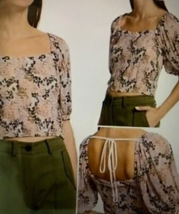 FREE PEOPLE Smocked Crop Top Puff Sleeve NWT Sz S Floral Soft Combo MSRP $98 - Picture 1 of 8