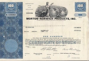 CERTIFICADO DE STOCK Morton-Norwich Products, Inc. 1970 - Imagen 1 de 1
