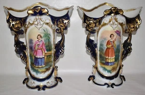 París antiguo-LG. PAR DE JARRONES 14”x 11” PINTADOS A MANO 19C COBALTO Y DORADO FORMA ABANICO-Exc. - Imagen 1 de 12