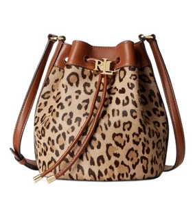 RALPH LAUREN Andie Drawstring Crossbody Bucket Bag Leopard Calf Hair NWT $325 - Imagen 1 de 12
