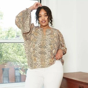 Women's Plus Size Long Sleeve V-Neck Snake Skin Popover Blouse Ava & Viv Size X - Picture 1 of 10