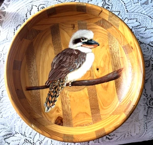 Handbemalte Eichenholz Schale Kookaburra Vogel Australien 11" Durchmesser Künstler: Jan Hodge - Bild 1 von 4
