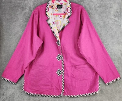 KOOS of Course Jacket Womens 1X Pink Reversible Linen Blend Gingham Trim Print - Image 1 of 4