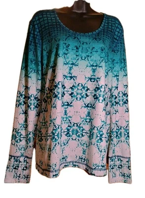 Top para mujer, L, verde azulado, tie-dye a cuadros, manga larga, cuello redondo, título nueve Foto 1 de 4