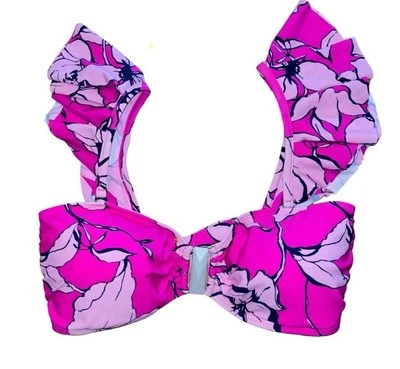 Top de bikini Venus rosa floral con correa con volantes - estilo bandeau convertible Foto 1 de 4