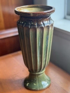 Vintage Green Brown Drip Glaze Pedestal Vase Ribbed Pottery Planter Decor - Picture 1 of 8