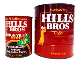 2 Vtg. Hills Bros. Coffee Cans High Yield 13 oz. & Automatic Drip 2 lbs. 7 oz. - Picture 1 of 8
