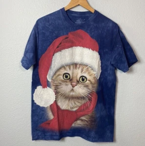 The Mountain Christmas Cat Shirt Men Medium Adult Blue Tie Dye Kitty Santa Claus - Picture 1 of 4