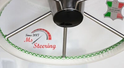 WEST SAIL 42 BOAT 10''- 14'' CREAM LEATHER STEERING WHEEL COVER  GREEN 2 STIT - Image 1 of 4