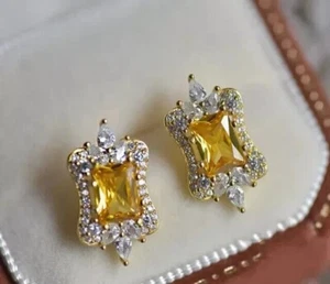 1.70Ct Emerald Cut Moissanite Citrine Halo Stud Earrings 14k White Gold Plated - Picture 1 of 4