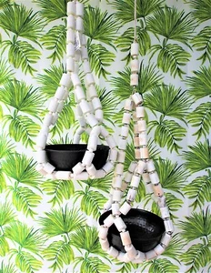 Driftwood Distressed Timber Beads & Iron Bowl Indoor/Outdoor Plant Hangers x 2 - Picture 1 of 8