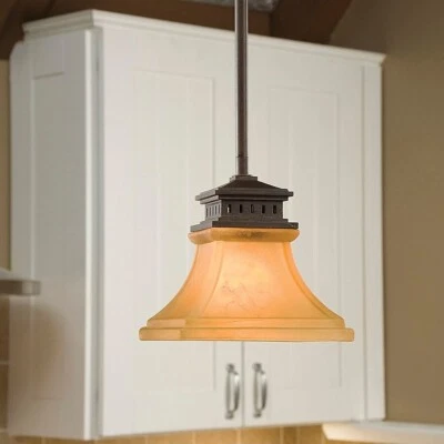allen + roth Tannery Bronze Traditional Etched Glass Bell Mini Hanging LIght - Image 1 of 4
