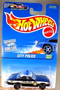 1996 Hot Wheels Blue/White Card #622 CITY POLICE Black-White w/Black 5 Spokes - Picture 1 of 5