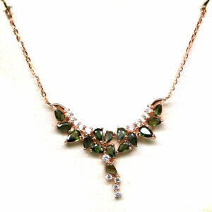 NATURAL GREEN SAPPHIRE & CZ NECKLACE 19" 925 STERLING SILVER ROSE GOLD COATED