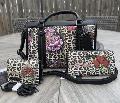 Ed Hardy Cheetah Skull, Hearths & Roses Tattoo Design Bag/Crossbody/wallet Set - Image 1 of 4
