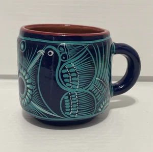Redware Pottery Mug Hand Painted Teal Blue Bird Mexican Folk Art Peacock - Picture 1 of 8