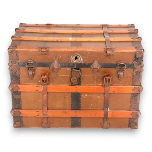 Flat Top Antique Steamer Trunk Brown Canvas Pirate Chest Coffee Table 1890's  - Picture 1 of 9