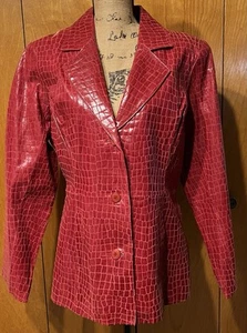 NWT Women's Dialogue Embossed Croc Leather Blazer Jacket Red Large - Picture 1 of 6