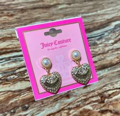 Juicy Couture Jewelry Gold Earrings Pearl Crystal Pave Heart Charm Dangle Drop - Image 1 of 4