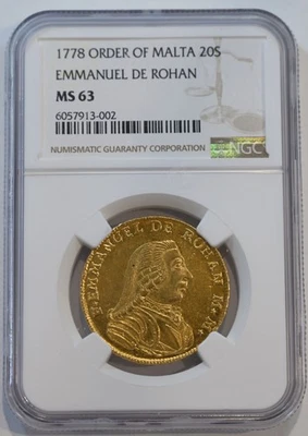 Order Of Malta Emmanuel de Rohan GOLD 20 Scudi 1778  MS63 NGC - Image 1 of 4
