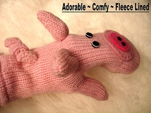 deLux PIG MITTENS knit ADULT Fleece LND puppet piglet curly tail animal costume - Picture 1 of 6