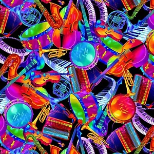 Timeless Treasures - Jazz Fusion - Musical Instruments - Bright, Fabric BTY - Picture 1 of 2