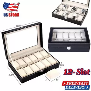 Caja de reloj de cuero organizadora de 12 ranuras para almacenamiento de joyas de vidrio negra - Imagen 1 de 15