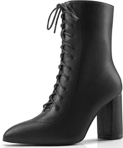 Ankle Boots Lace Up Side Zipper Block Heel Mid Calf High Heel Booties, 6.5 Black - Picture 1 of 5