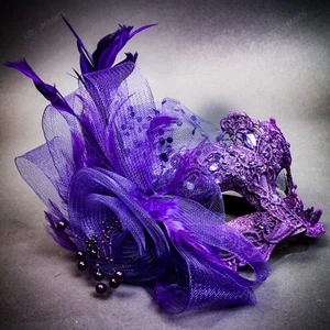 Elegant Purple Lace Masquerade Mask with Feathers For Masquerade Ball Prom Party - Picture 1 of 4