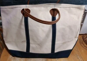 LL Bean Boat & Tote Vtg XL Bag Leather Handle Cream/Navy Blue - Picture 1 of 8