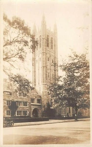 1920's? RPPC Indian ? Motorcyle Parked in front of University ? Building - Bild 1 von 2