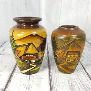 Vintage German Hand Carved & Painted Wood Vases w Landscape Hills Barn Scene 2pc - Picture 1 of 11