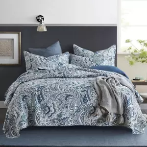 Cotton Bedspread Quilt Sets, 3 Pieces Reversible Comforter Coverlet Sets,Blue Fl - Picture 1 of 9