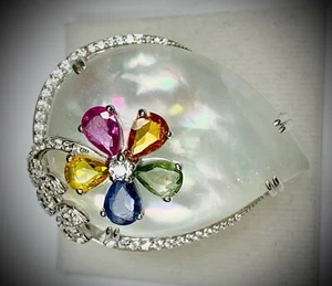Meher's Jewelry 95.03ctw Doublet Mother Of Pearl & Multi Sapphire Pear Cut Ring - Picture 1 of 4